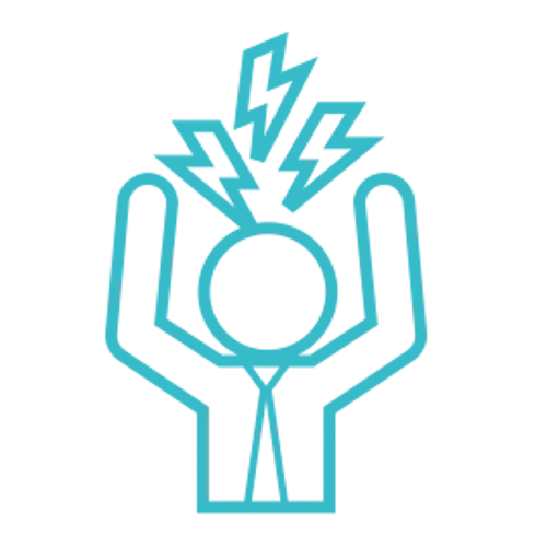 A simple graphic of hands raised above a circular object, with lightning bolts emanating from it.